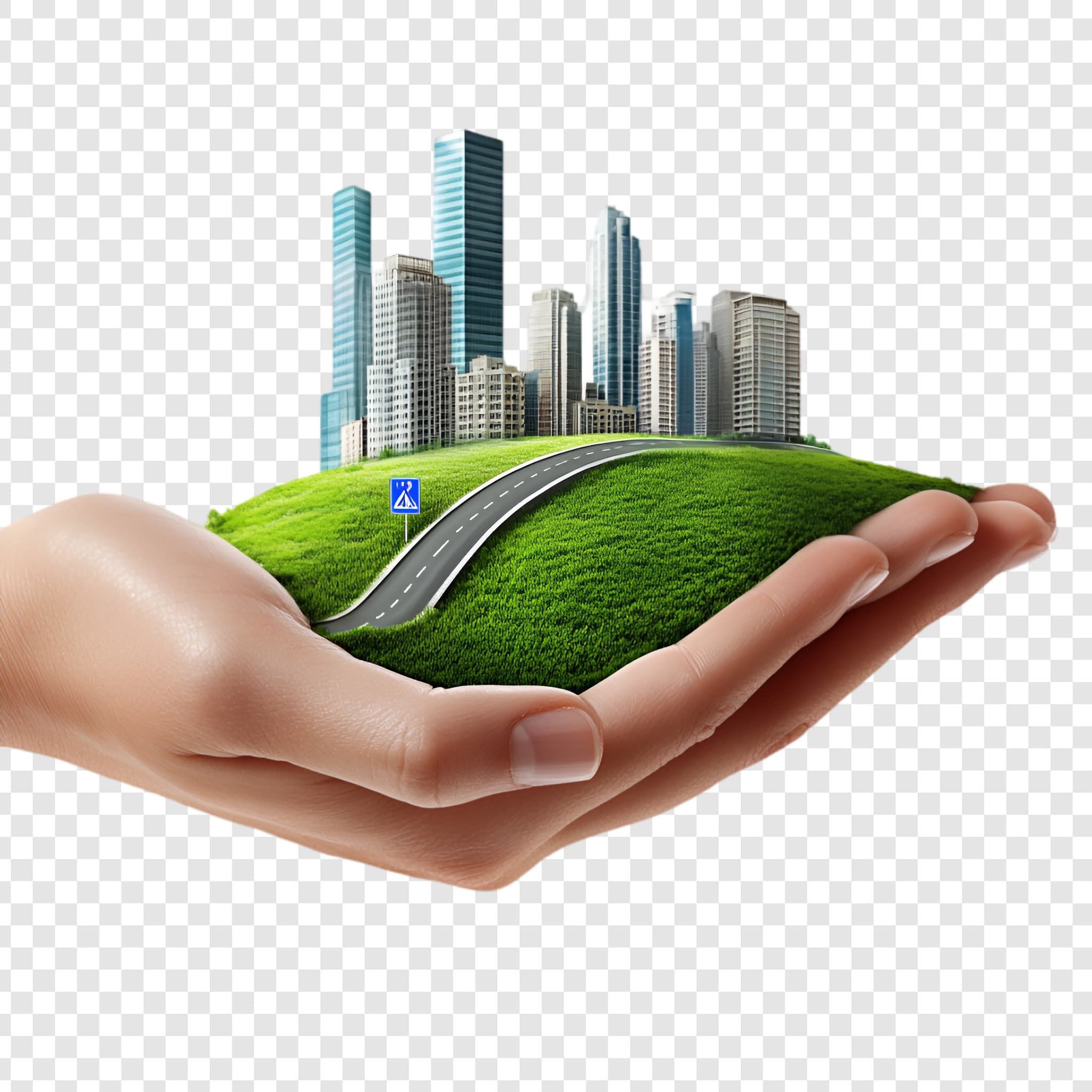 A hand holding a city model for a real estate concept.